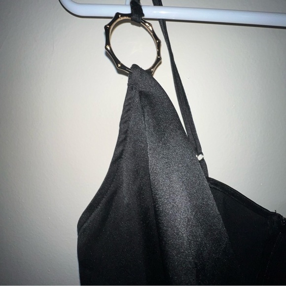 PrettyLittleThing Black Satin Cowl Neck Ring Detail Bodycon Dress Size 6 - Picture 10 of 13